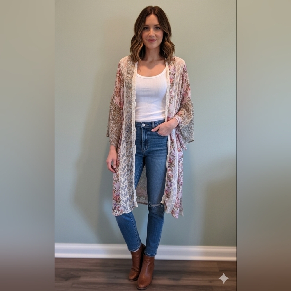 GiGiO USA Boho Floral Lace Kimono Cardigan Size M